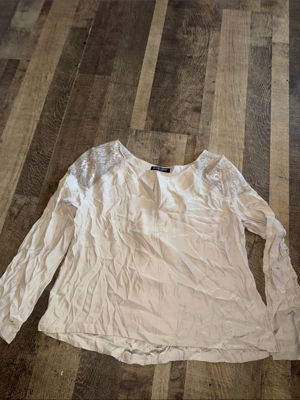 David Lerner New York Champagne Silk Blouse Lace Accent Top Size M EUC